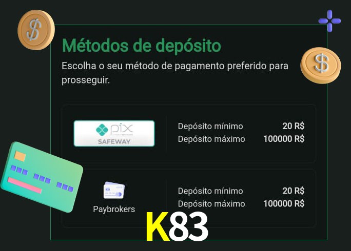 O cassino K83 oferece uma grande variedade de métodos de pagamento